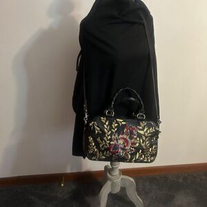 Patricia Nash Angelin Black Leather multi-color Floral embroidered satchel